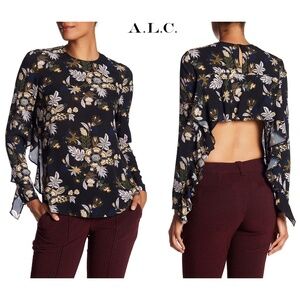 A.L.C. WOMEN NWT COOPER 100% SILK L/S OPEN BACK BLACK MULTI BLOUSE. SIZE 4
